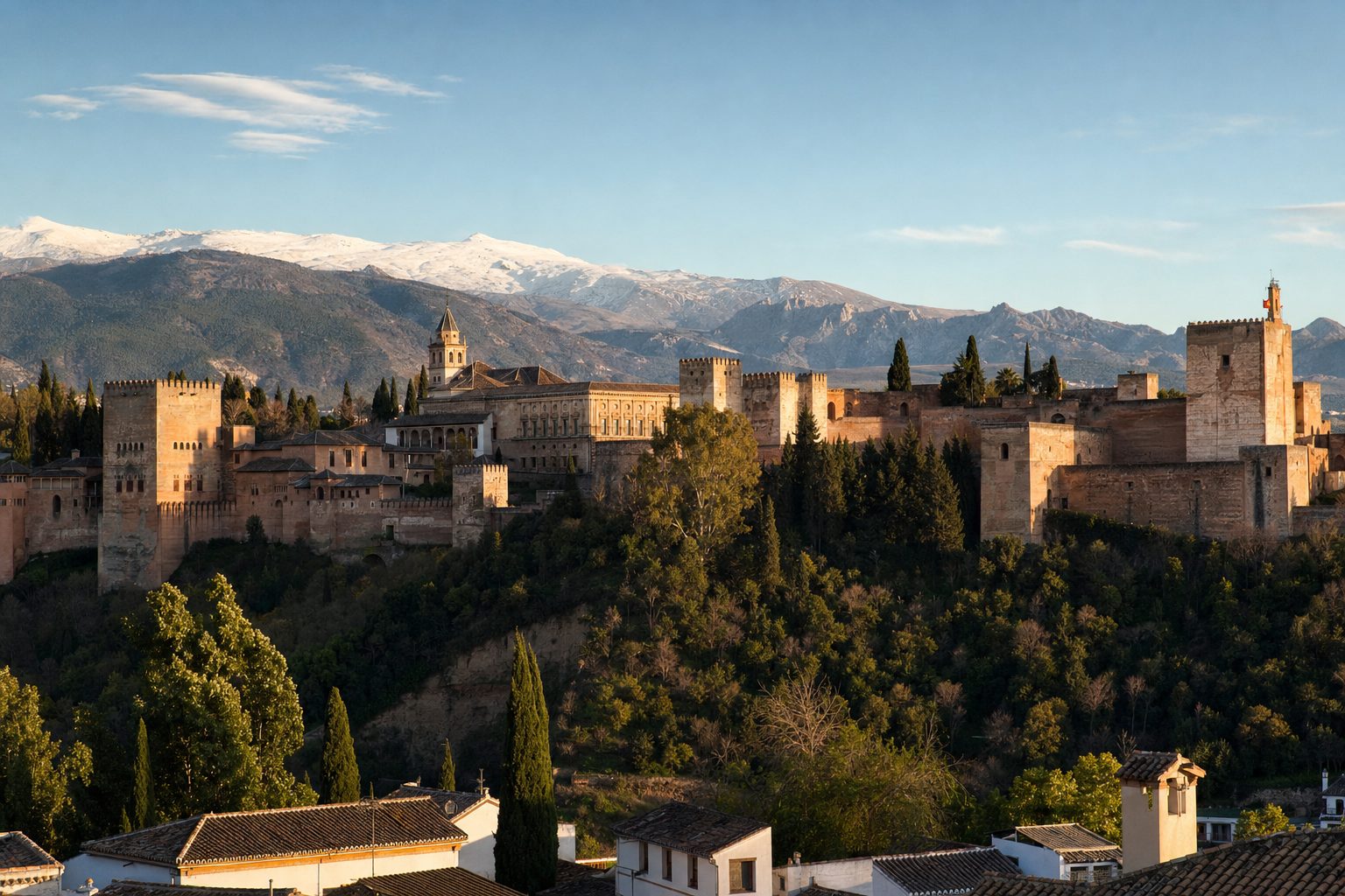 Late-afternoon view across the wooded Darro valley to the Alhambra's red-brown Nasrid towers and walls on their ridge, the Palace of Charles V visible among cypresses, the snow-capped Sierra Nevada rising behind under a clear sky, no people.