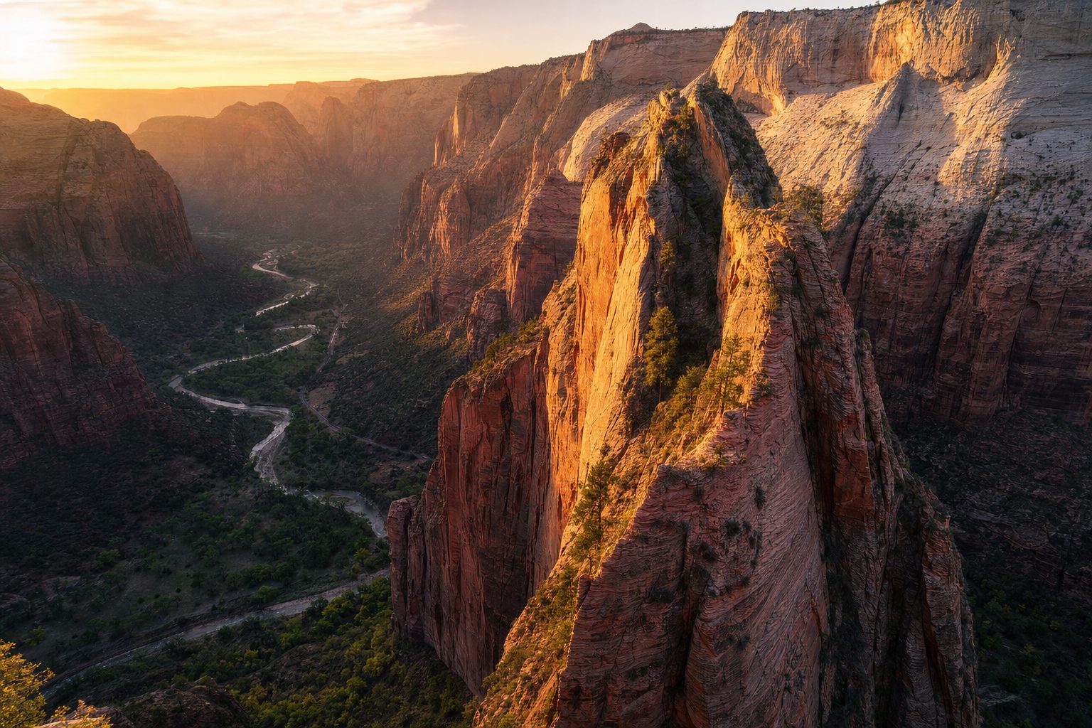 Aerial view of the Angels Landing sandstone fin rising from the floor of Zion Canyon at golden hour, the narrow ridgeline trail catching warm light in the foreground, the green Virgin River valley curving through the midground, and layered red Navajo sandstone cliffs fading into soft haze in the background.