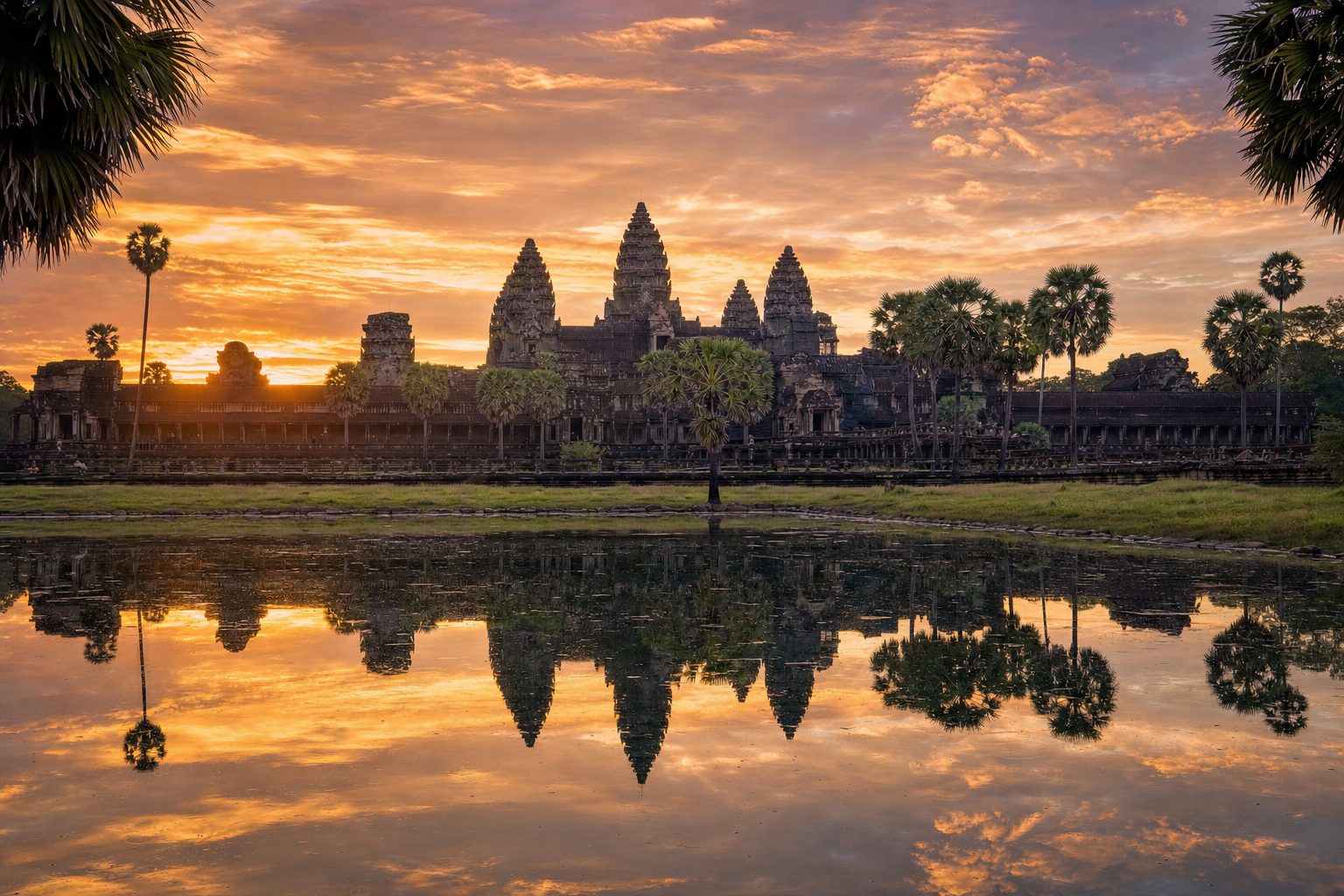 A stone causeway leading toward Angkor Wat's three central towers reflected in a still lotus pool in the foreground, low golden pre-dawn light on the temple's carved facade in the midground, and a pale pink-orange sky fading to deep blue over the jungle treeline in the background, no people.