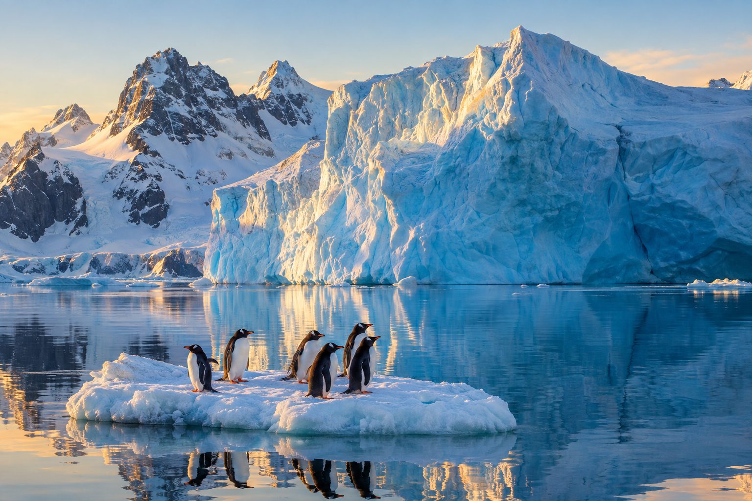 A colossal sculpted blue iceberg and a towering glacier front rise from a mirror-calm Antarctic bay in golden low-angle light, with gentoo penguins standing on a small ice floe in the foreground and snow-covered peaks lining the horizon behind.