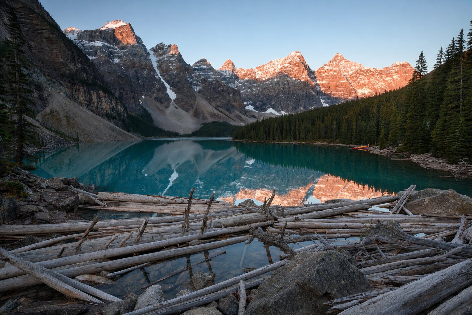 A turquoise glacial lake ringed by jagged snow-capped peaks, a line of dark evergreen forest along the near shore, a lone wooden canoe resting on the pebbled shoreline in the foreground, soft early-morning light and a few thin clouds over the ridgeline.