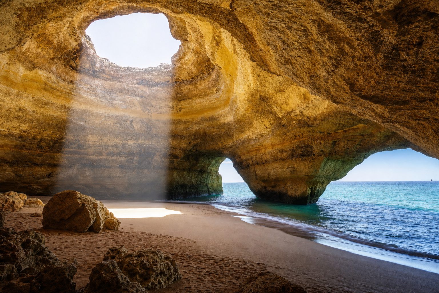 A sea cave with a round skylight opening high in its domed ceiling, a column of sunlight falling onto pale sand and turquoise shallow water inside, with a rocky sea-level arch opening onto the Atlantic in the background, no people visible.