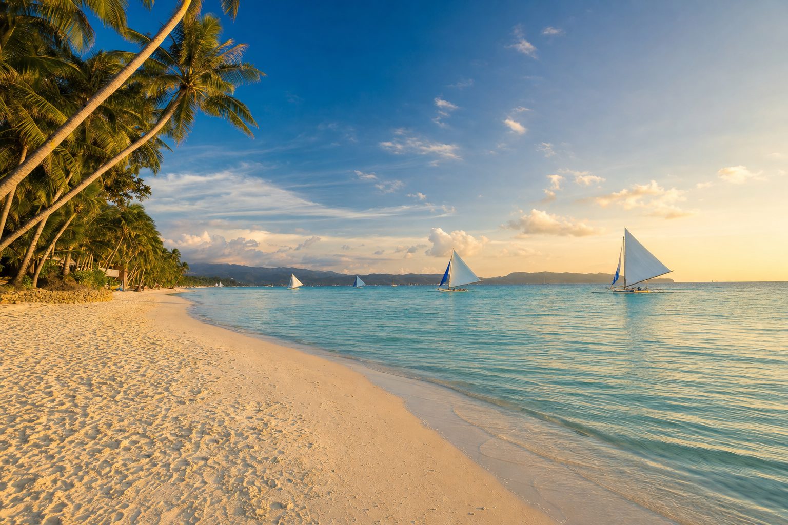 Fine white sand fills the foreground beneath a calm turquoise sea, with low palm-fringed Boracay shoreline and a soft orange sunset in the background, no people.