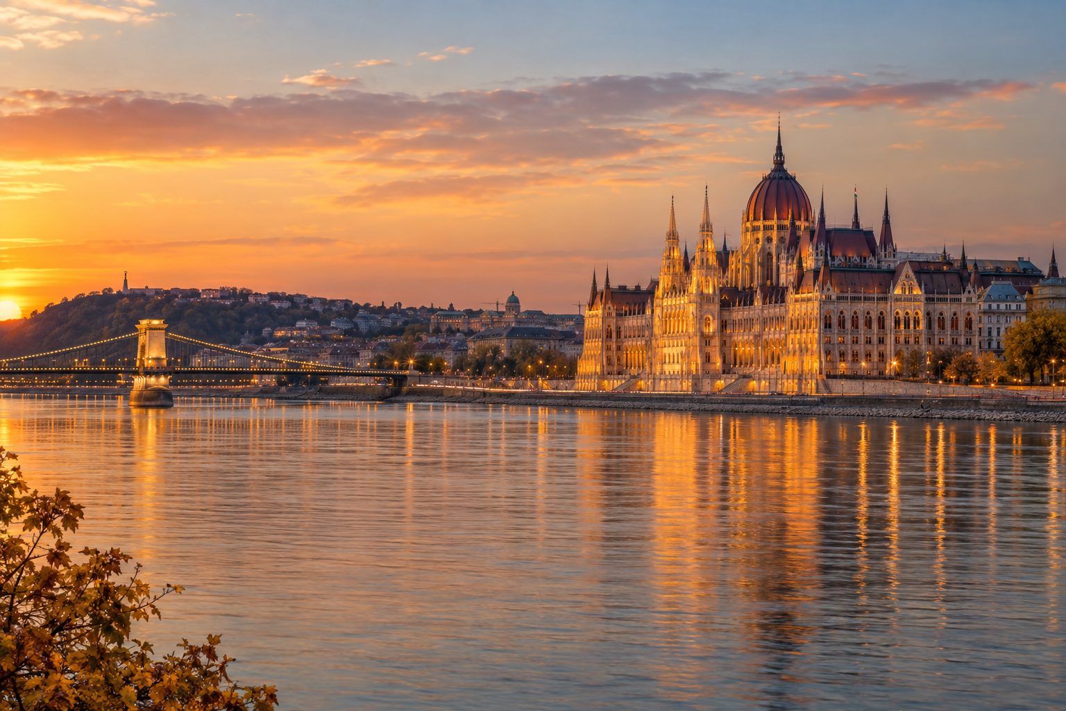 View across the Danube at golden hour, the Hungarian Parliament building glowing on the far bank in warm light, the lamps of the Chain Bridge lit to one side, and calm river reflections carrying the colour across the water under a soft autumn sky.