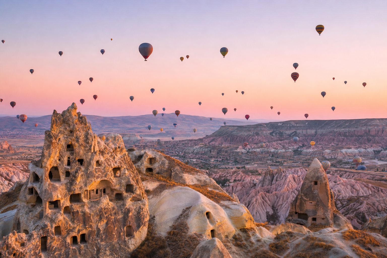 A wide valley of pale, wind-carved fairy-chimney rock formations at sunrise, dozens of colourful hot air balloons scattered across a soft pink-and-gold sky in the middle distance, rugged cliff terrain and scrub vegetation in the foreground, no people visible.