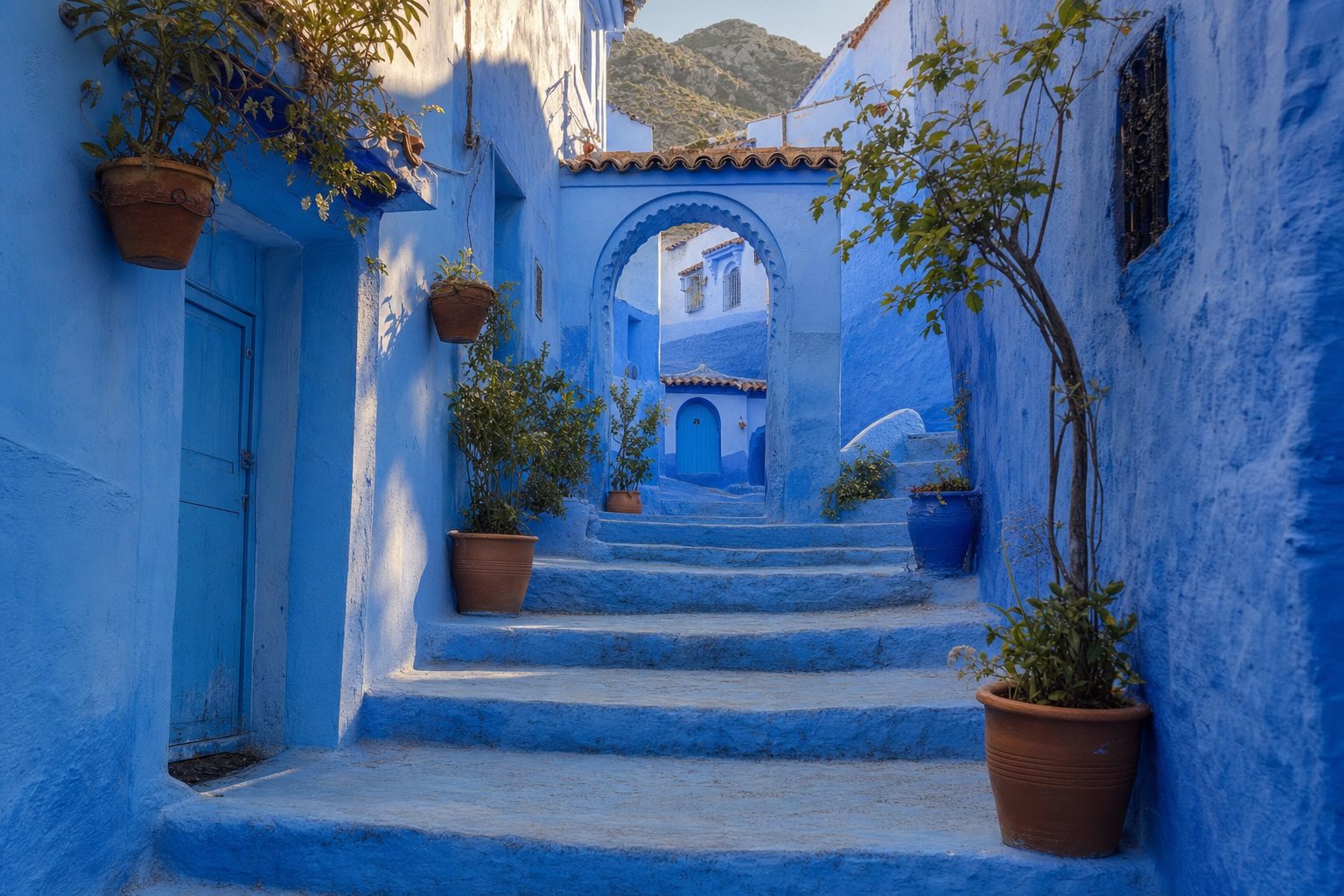 A narrow blue-washed alley in Chefchaouen's medina climbs in the foreground, its powdery indigo walls and cobalt-painted steps lined with terracotta flowerpots; in the midground a rounded archway frames deeper blue doorways; in the background a sliver of the pale Rif mountainside rises under soft golden morning light, with no people visible.