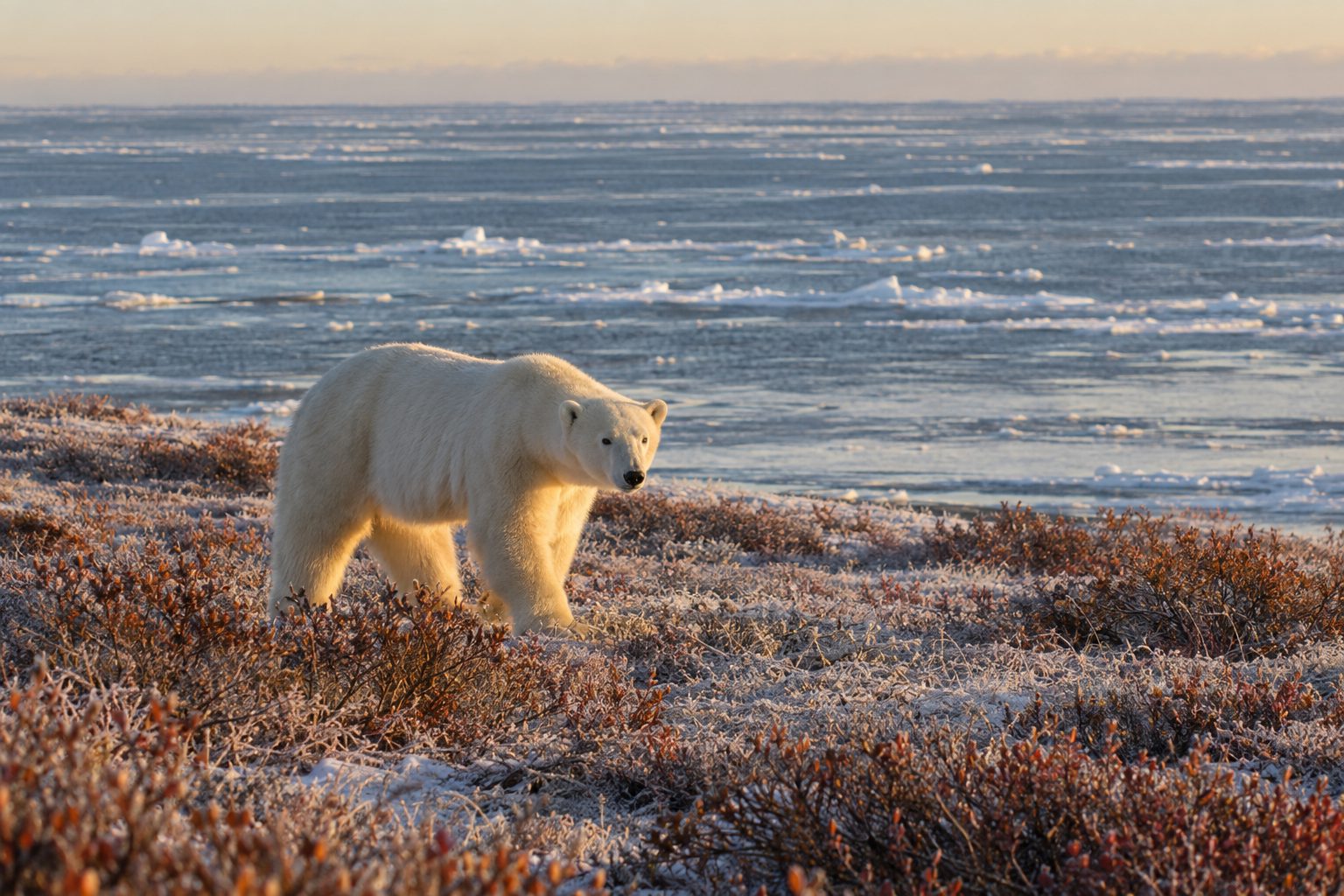 A lone polar bear walks across frost-covered subarctic tundra dotted with low russet willow shrubs, the vast grey-blue expanse of Hudson Bay streaked with thin early sea ice behind it, under soft golden low-angle light.