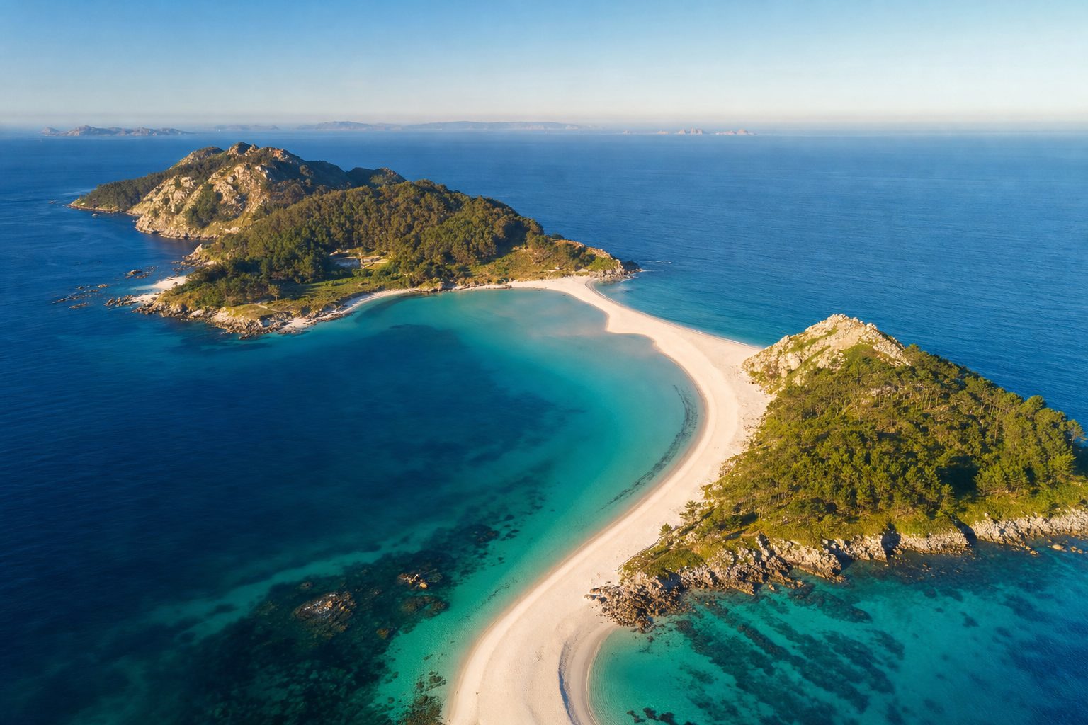 Photorealistic aerial view of the white crescent of Rodas Beach joining two green islands of the Cíes archipelago, a pale turquoise lagoon behind the sandbar in the midground, the deep blue Atlantic stretching to the horizon in the background, golden morning light, no people.