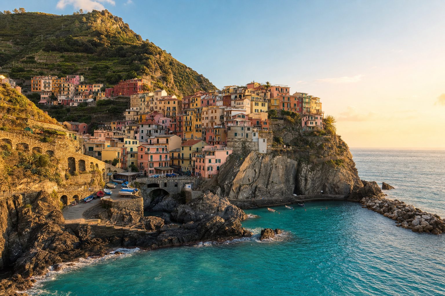 Terraced green slopes fall to a clear blue Ligurian Sea in the foreground, with the clustered pastel buildings of Manarola on a rocky headland in warm early-morning light and no people.