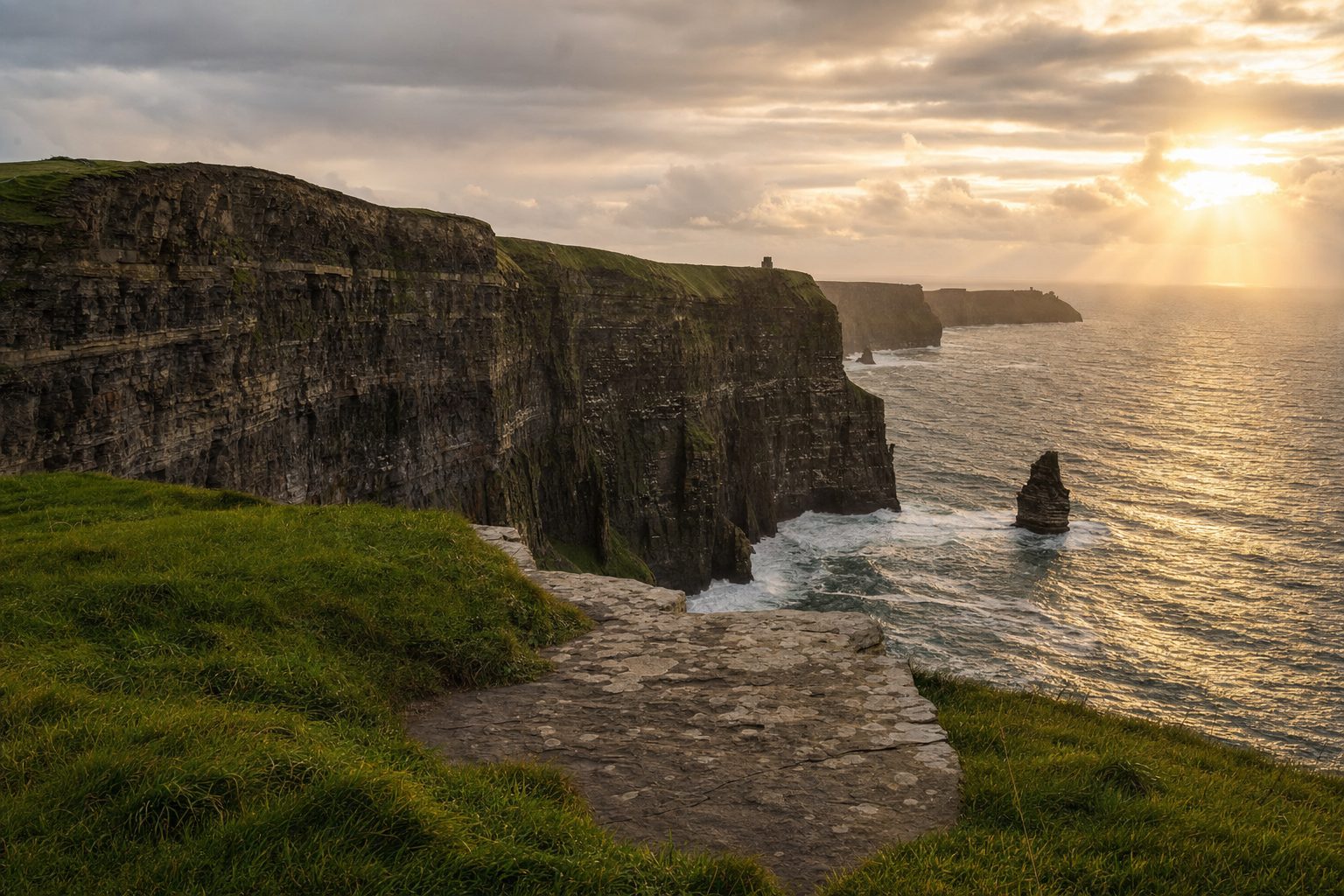 Sheer layered sea cliffs rising from a churning Atlantic, a stone lookout tower on the clifftop in the midground, grassy headland and pale limestone hills fading into misty distance under a low, overcast sky.