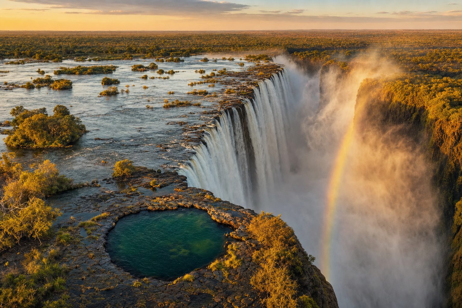 Aerial view along the lip of Victoria Falls at golden hour, with a small calm turquoise rock pool ringed by dark wet basalt and low trees in the foreground on the edge of the drop, white curtains of the Zambezi pouring into the gorge with rising spray and a faint rainbow in the midground, and flat green savanna woodland stretching to a hazy amber horizon in the background.