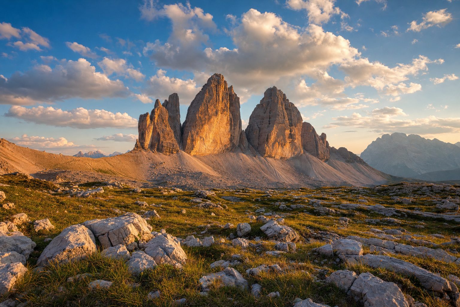 Pale jagged limestone peaks catching pink alpenglow at dusk, a green alpine meadow with a wooden hay barn in the midground, a stone mountain refuge barely visible at the base of the towers, empty foreground trail of packed gravel, clear sky fading from gold to deep blue.
