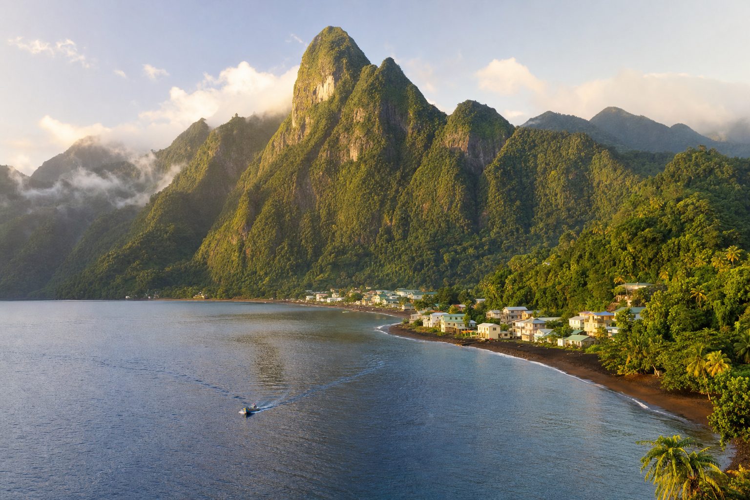 Steep rainforest-covered volcanic peaks rising directly from a calm Caribbean bay on Dominica's west coast at golden early morning, with a small fishing village and black-sand shoreline in the midground and a lone boat's wake crossing deep blue water in the foreground.