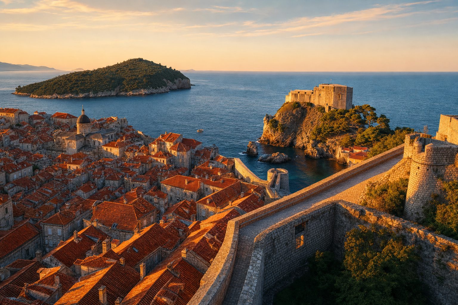 Pale limestone city walls curve across the foreground above the Adriatic, with terracotta Old Town roofs in the midground and Lokrum Island in clear morning light behind, no people.