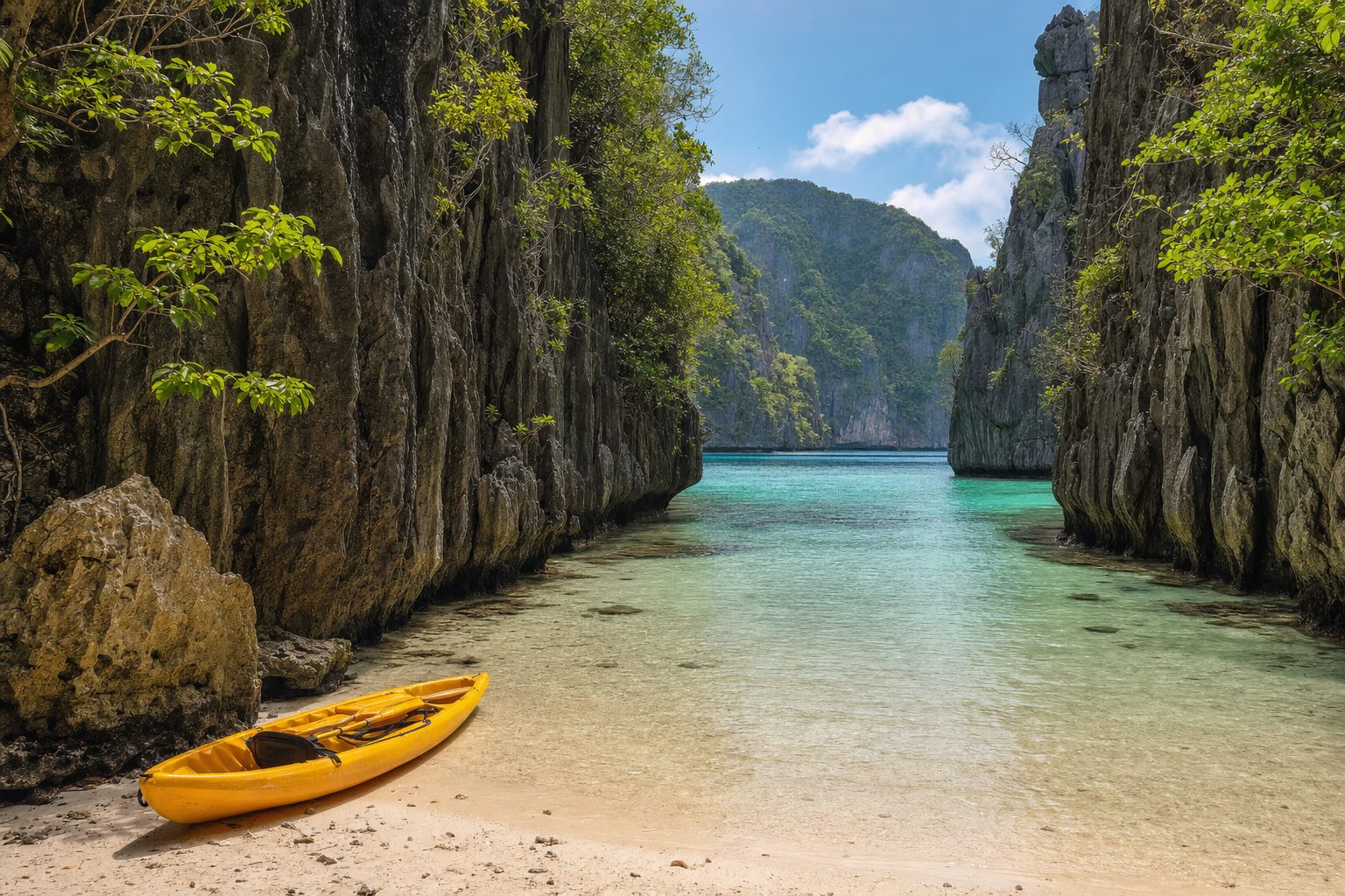 A narrow limestone karst channel opening into a still turquoise lagoon, jagged jungle-topped cliffs rising steeply on both sides, a single empty kayak resting on pale sand in the foreground, soft midday light without visible people.
