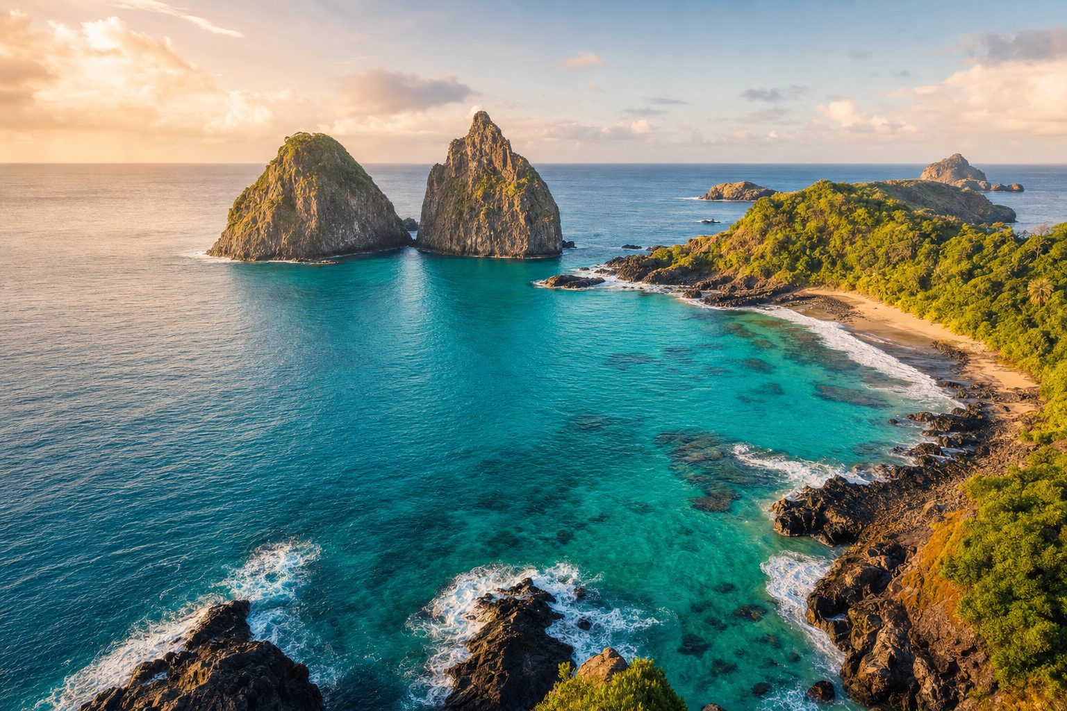 A narrow wooden ladder descends through a dark volcanic cliff crevice in the foreground, opening onto Baía do Sancho’s pale sand and turquoise water in the midground, with forested headlands and calm blue Atlantic beyond in clear morning light.