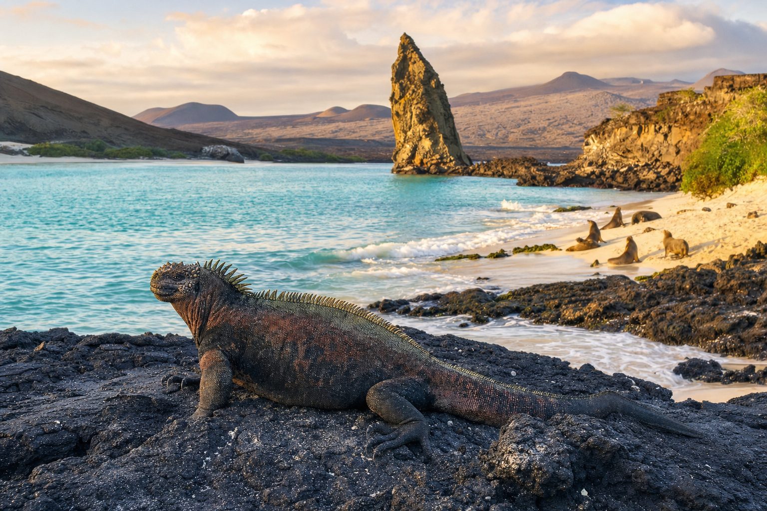 Black volcanic rocks and a resting marine iguana fill the foreground, with turquoise water and a pale sandy cove in the midground, and low green Galápagos hills beneath soft early-morning light in the background.