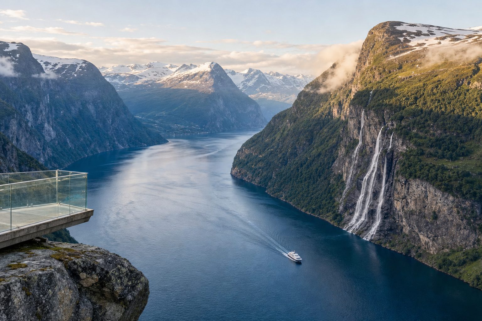 A glass-edged viewing platform juts over a steep drop in the foreground, the deep blue S-curve of Geirangerfjord winds between sheer green-and-grey rock walls in the midground with a thin white waterfall streaming down the far cliff and a small white ferry crossing the water, and snow-patched peaks stand under soft morning light in the background, with no people.