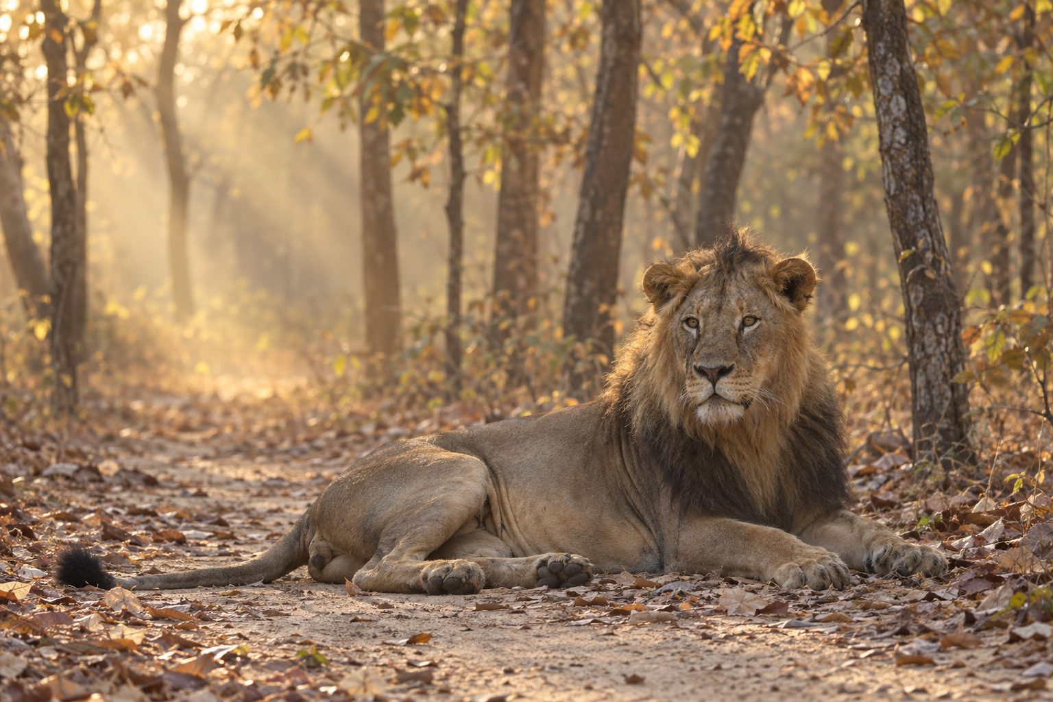 A wild male Asiatic lion with a sparse dark mane lies on a leaf-strewn sandy track in the foreground, slender teak trunks with dry golden leaves fill the midground, and hazy early-morning sunbeams slant through the forest behind.