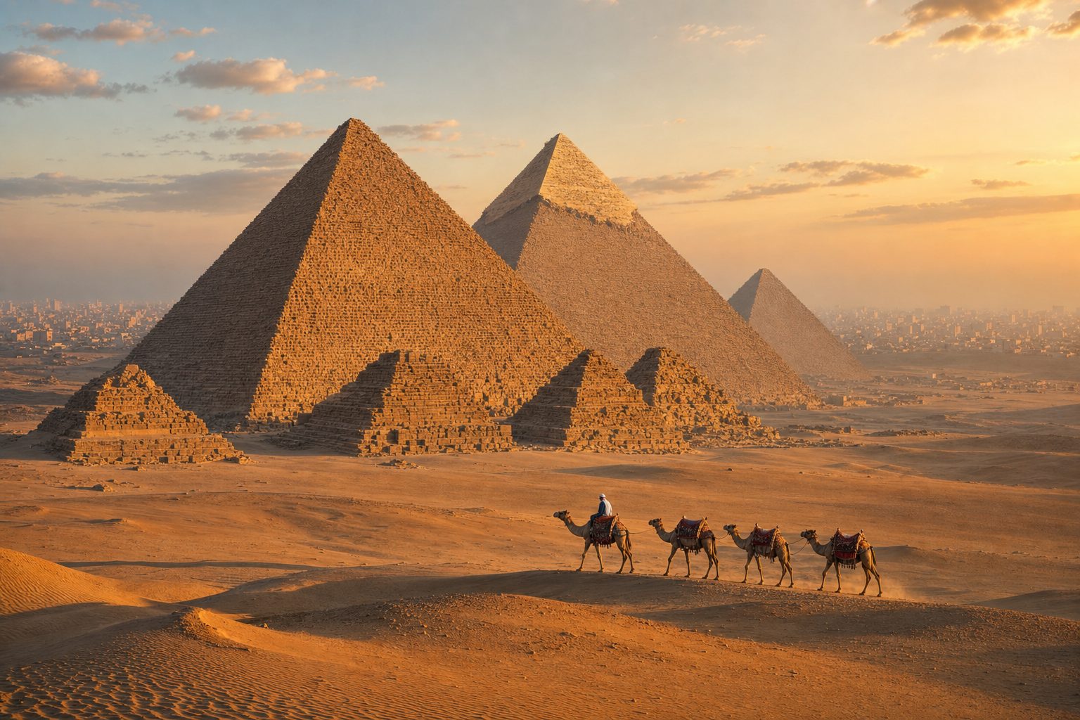 The limestone bulk of the Great Pyramid rises from a sandy foreground, with the Pyramid of Khafre and the smaller Menkaure pyramid in the midground under clear early-morning light, no people.