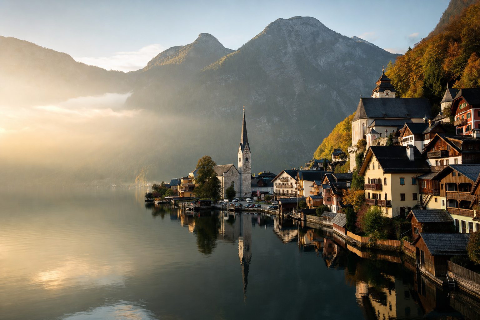 Still lake water fills the foreground, Hallstatt’s timbered lakeside houses and church spire sit in the midground, and steep green mountains rise behind in clear early-morning light, with no people.
