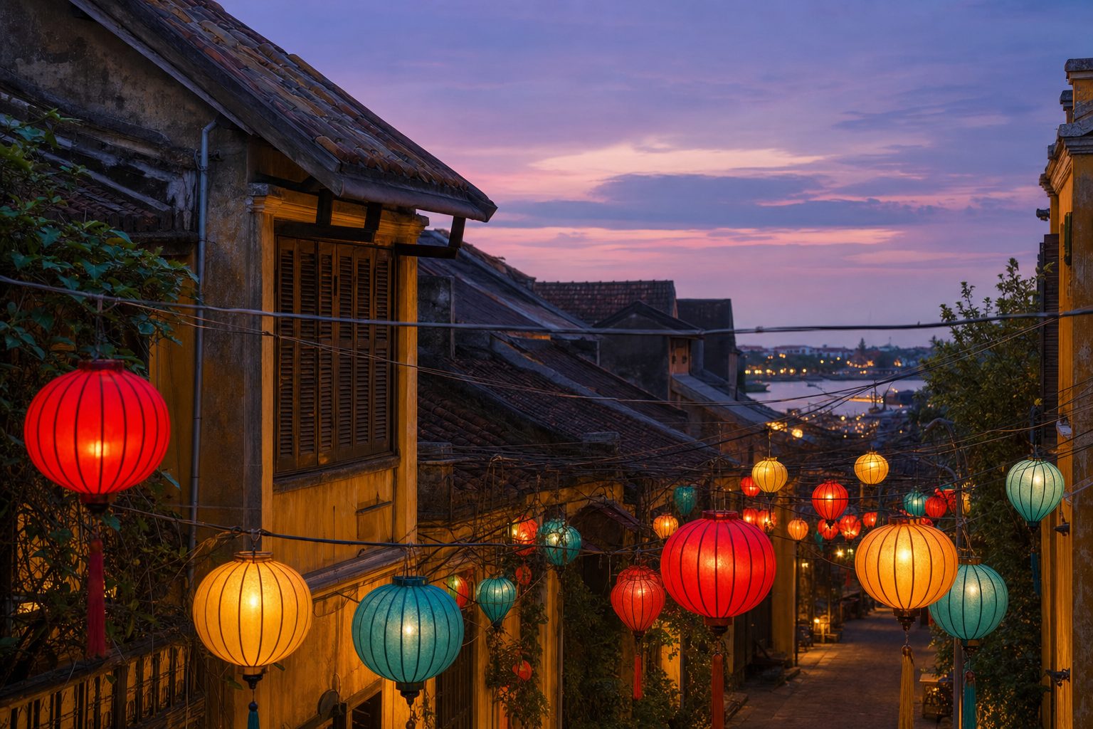 A lantern-lit street in an ancient trading town at dusk, with rows of glowing red, amber and teal silk lanterns strung between yellow-walled timber shophouses in the foreground, tiled rooflines receding down the narrow street in the midground, and a faint glint of river water catching the last violet light in the background, no people visible.