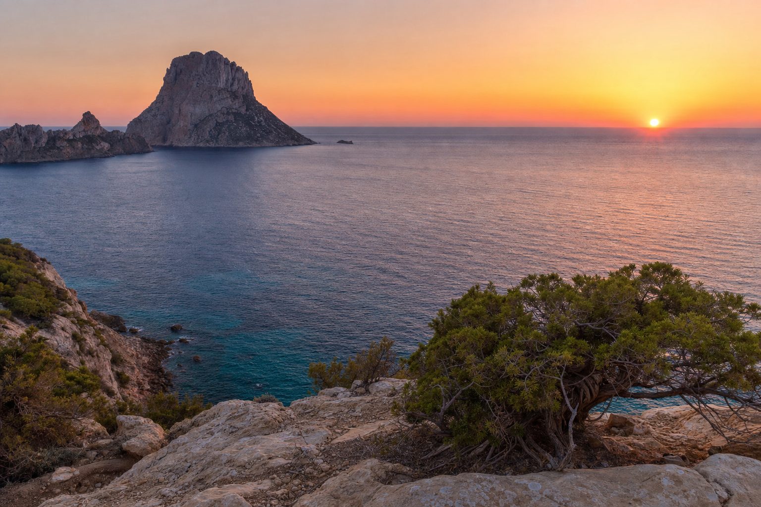 A rocky limestone islet rising steeply from a calm turquoise sea at golden hour, pine-covered cliffs in the foreground, soft orange light along the horizon, no people visible.