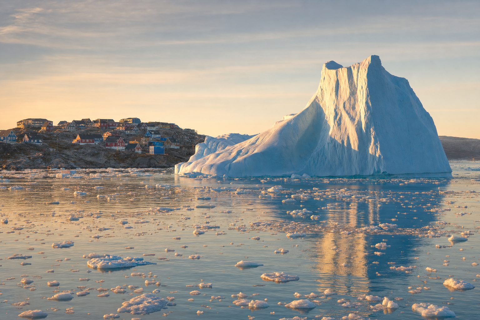 Towering blue-white icebergs crowd the dark water of Ilulissat Icefjord in the foreground, a boardwalk and rocky tundra ridge lead toward them in the midground, and low golden midnight-sun light washes across distant snow-streaked hills in the background, with no people visible.