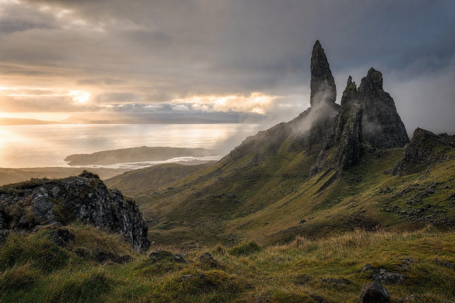 A jagged basalt rock pinnacle rising from a green hillside in the foreground, a folded ridge of pale cliffs and grassy terraces in the midground, and a loch-dotted coastline fading into low cloud on the horizon under soft overcast light.