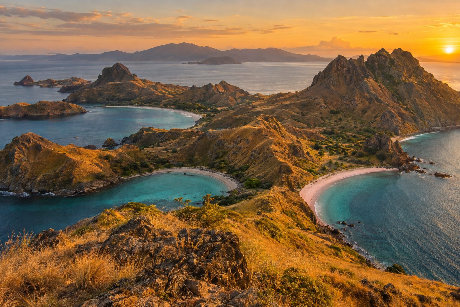 View from a golden savannah ridgeline on Padar island over three curved bays with turquoise water and a pink-tinged sand beach at golden hour, rugged dry hills in the midground and distant islands on the horizon under a warm sky.