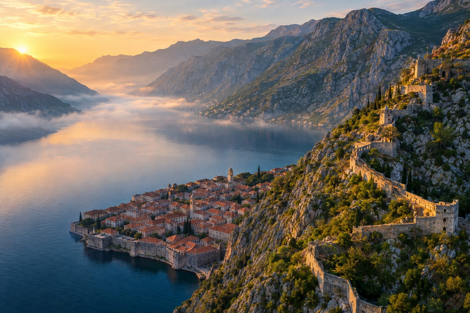 Cinematic dawn aerial view over a dark-blue Adriatic bay ringed by steep limestone mountains, a medieval walled old town with terracotta roofs at the water's edge in the midground, zigzag stone fortress walls climbing the mountainside in the foreground catching first golden light, thin morning mist lying over the water, no people.
