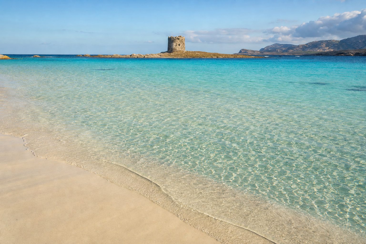 Fine white sand and glassy turquoise shallows fill the foreground, with the stone Torre della Pelosa in the midground and low Sardinian headlands in warm evening light behind, no people.