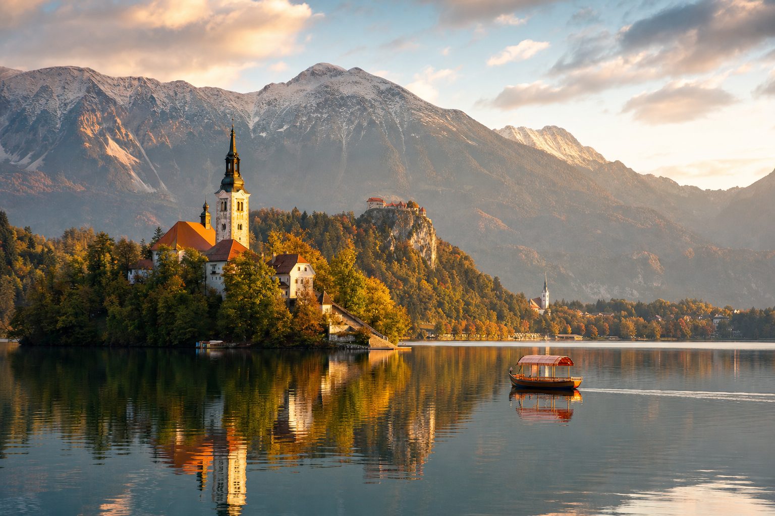 A still Lake Bled fills the foreground, a traditional covered pletna boat approaches the island church in the midground, and Bled Castle and soft Alpine peaks rise in clear early-morning light behind, with no people.