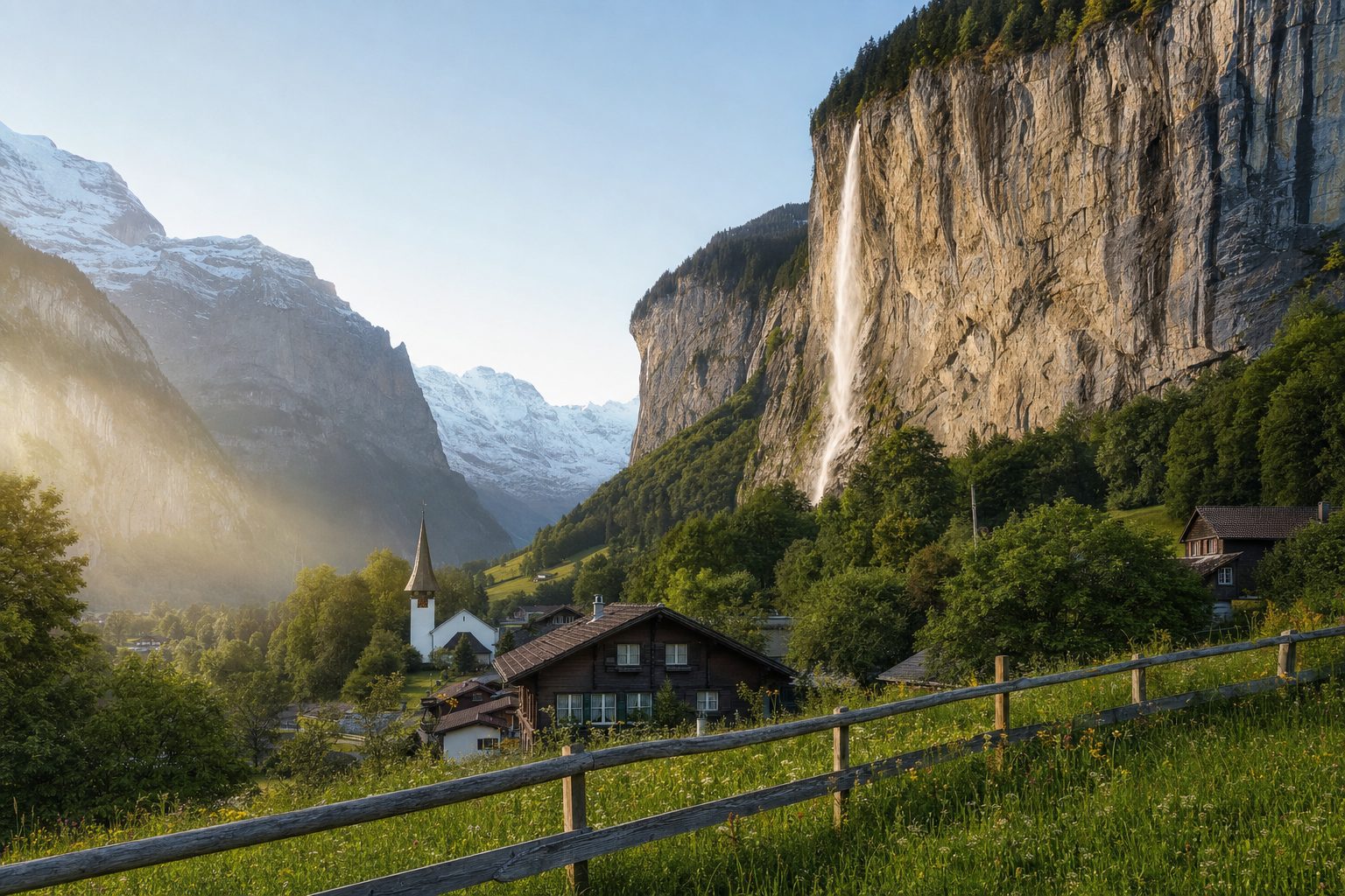 Morning light in the Lauterbrunnen valley: the white ribbon of Staubbach Falls plunging down a sheer limestone cliff behind dark timber chalets and a slender church spire, green meadows and a wooden fence in the foreground, snow-capped Bernese Alps beyond under a clear sky.