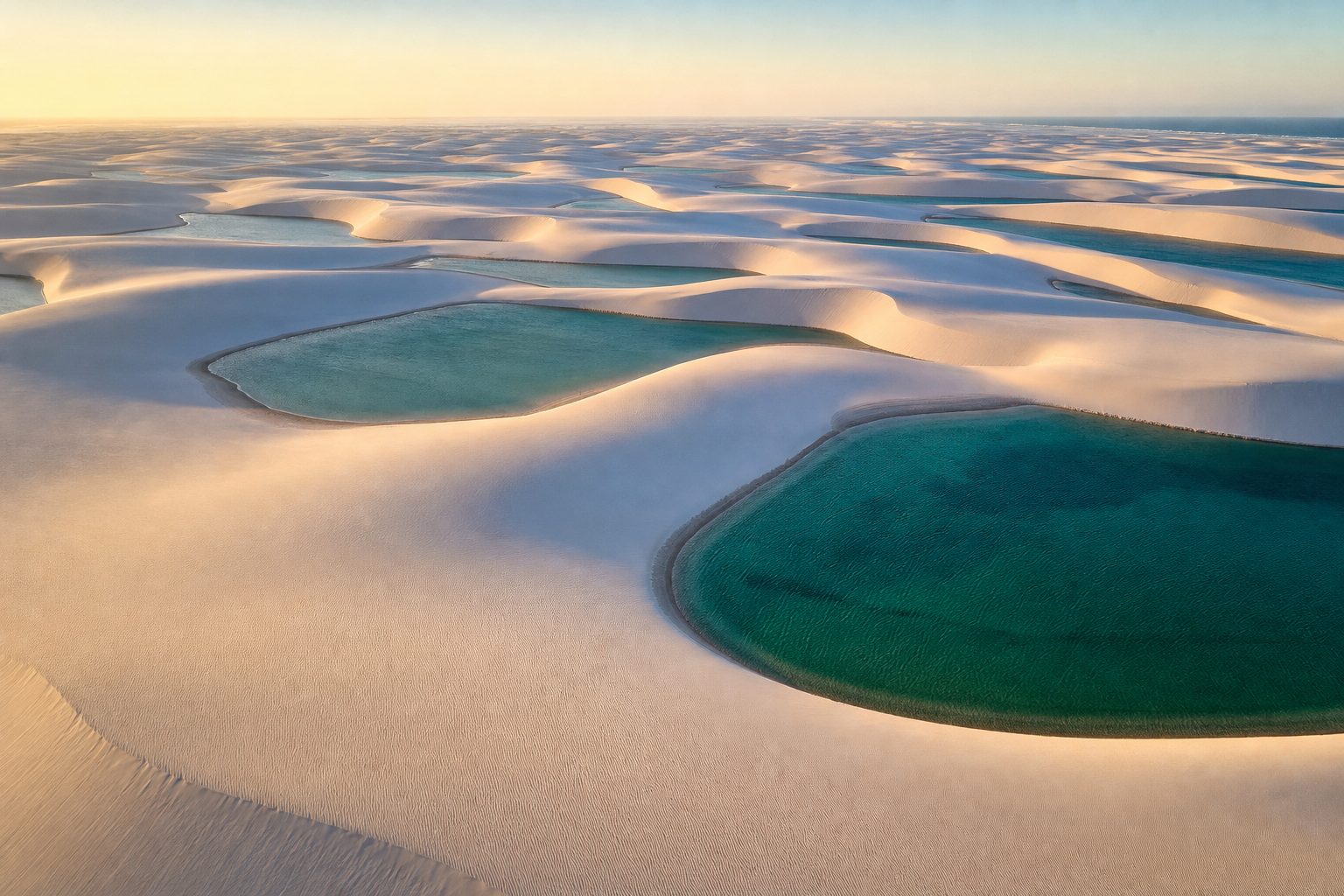 Aerial view of vast white crescent-shaped sand dunes rolling to the horizon, their hollows holding dozens of turquoise and emerald rain lagoons, with low golden-hour sunlight casting long soft shadows across the ridges and a hazy Atlantic coastline in the far distance.