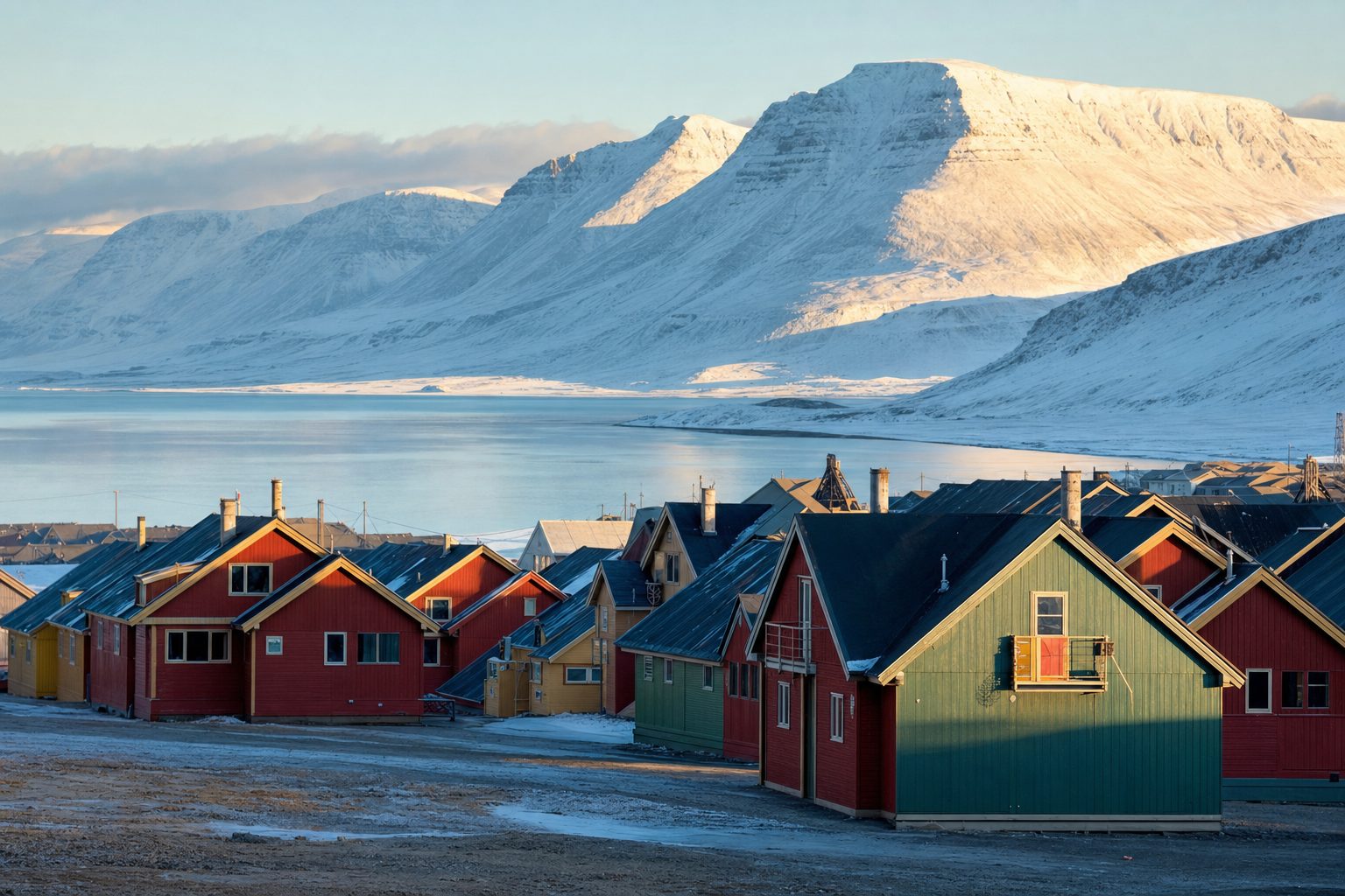A small cluster of colourful wooden houses sits at the foot of snow-streaked mountains in Longyearbyen, with sea ice and calm dark water in the midground and a pale, low Arctic sun lighting the ridgeline behind the settlement, no people visible.