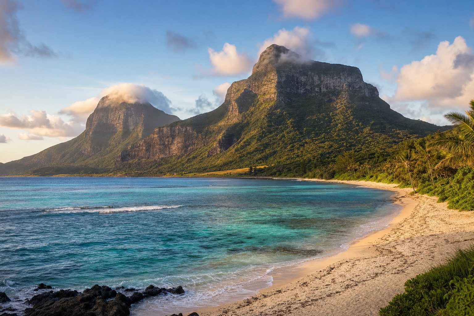 A crescent-shaped turquoise lagoon rimmed by a coral reef in the foreground, a narrow beach with a single bicycle leaning against a palm tree in the midground, and the twin forested peaks of Mount Gower and Mount Lidgbird rising into soft afternoon light in the background, no people visible.