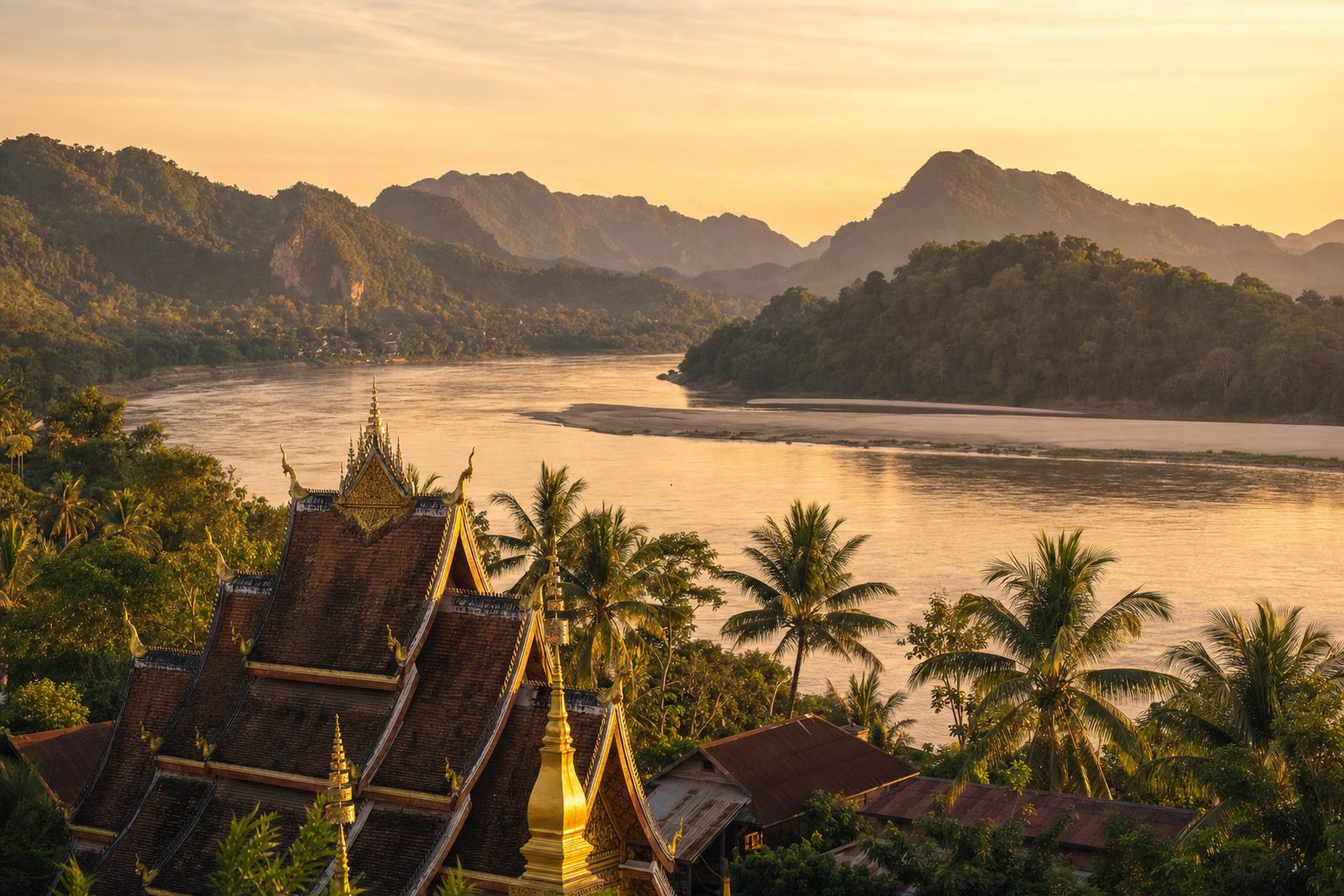 Gilded, low-sweeping three-tiered temple roofs and a golden stupa spire rise above teak rooftops and palm crowns in the foreground, the wide brown-green Mekong River curves past a sandbar in the midground, and forested limestone hills fade into warm haze under a golden-hour sky in the background, with no people.