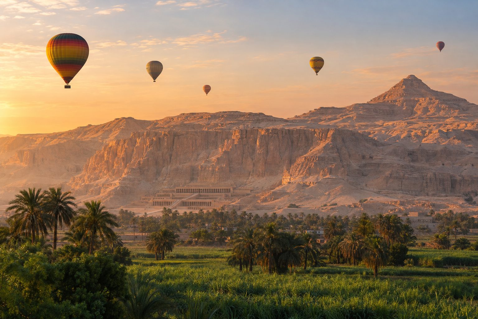Hot-air balloons drifting at sunrise over the green fields and desert cliffs of Luxor's west bank, with the terraced temple of Hatshepsut in the middle distance and the golden limestone hills of the Theban necropolis behind, no people visible.