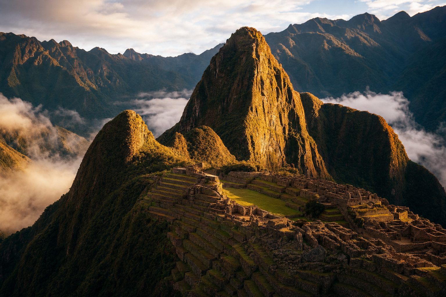 Ancient dry-stone terraces fill the foreground, with the roofless stone buildings of Machu Picchu across the midground and the steep green peak of Huayna Picchu rising through clear early-morning light in the background, with no people.