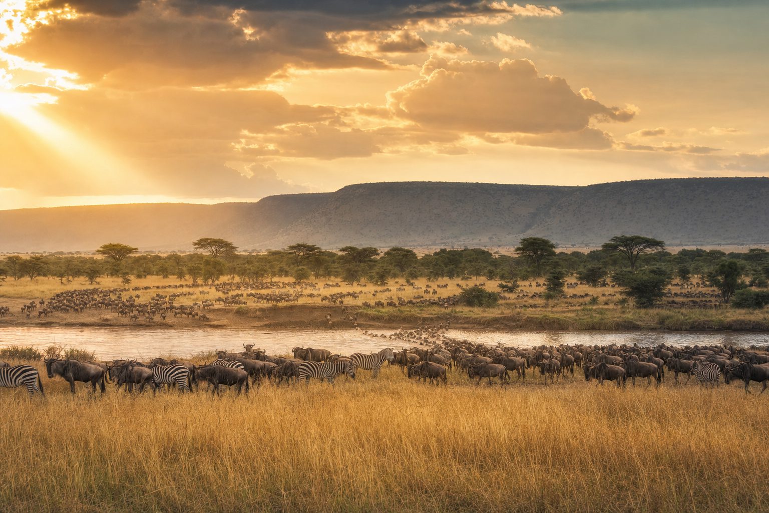 Wide golden savanna in the foreground with a scattered herd of wildebeest crossing a muddy brown river, acacia trees dotting the midground plains, the Siria Escarpment rising hazy blue on the horizon under a soft early-morning sky.