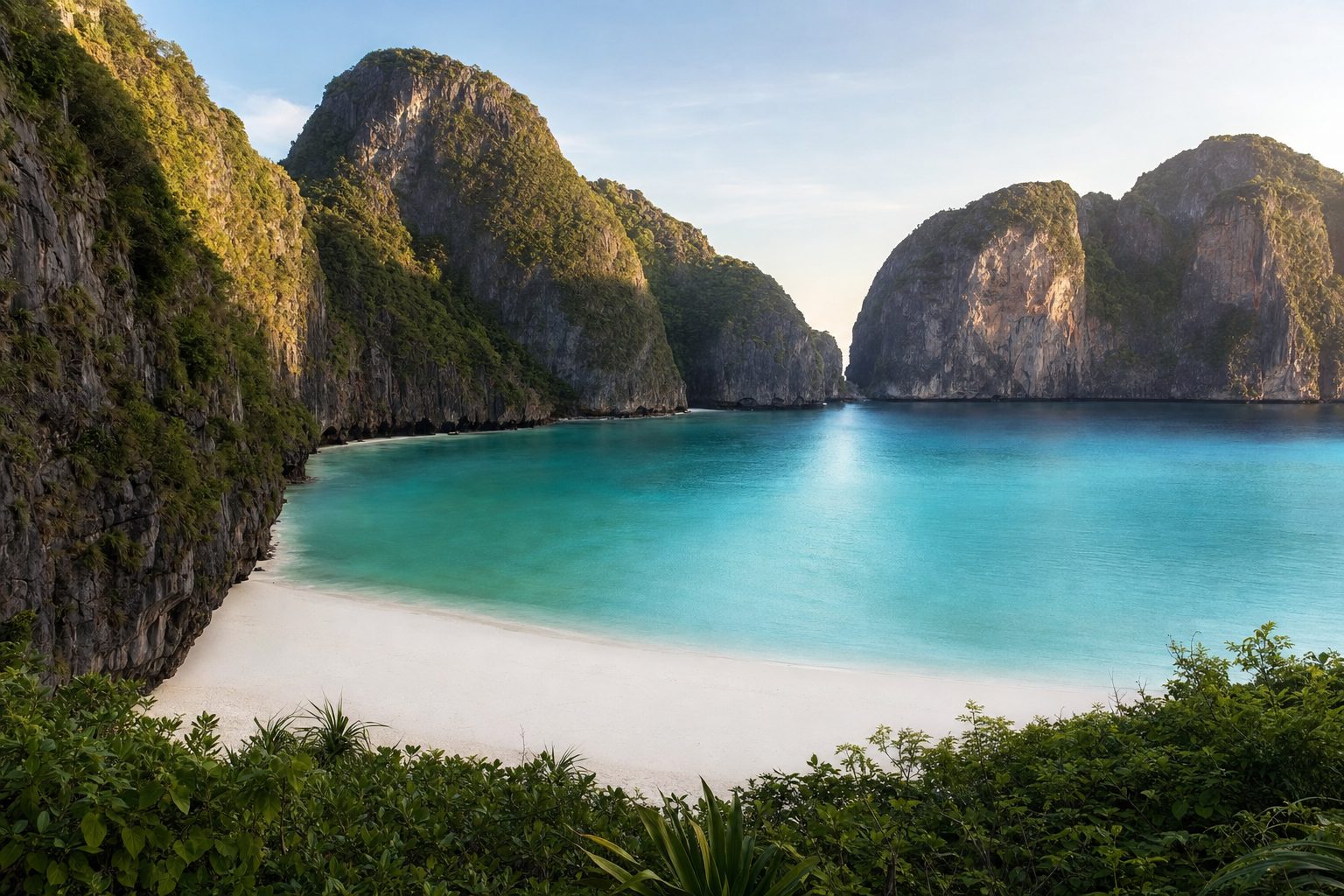 Pale sand curves beneath sheer limestone cliffs around a calm turquoise Maya Bay, with dense green forest above the beach and soft early-morning light on the water, no people or boats.