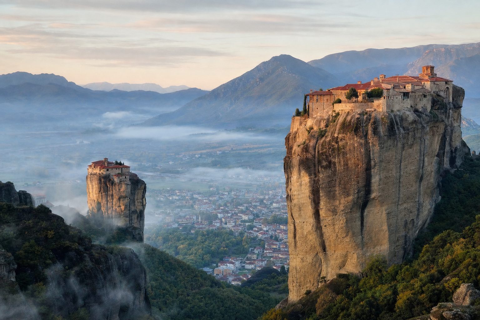A winding road curves through pale sandstone pillars in Meteora, with a solitary monastery on a rock summit, cypress trees in the foreground and warm early-morning light over the Thessaly plain.