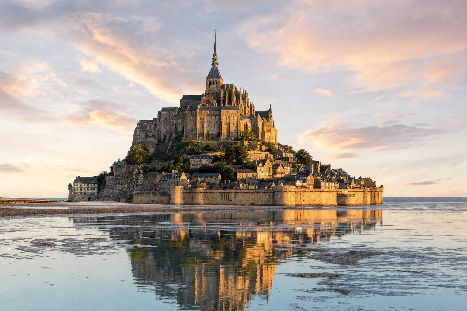 A fortified granite island crowned by a slender Gothic abbey spire rises from vast tidal flats at low water, a long pale footbridge stretching toward it across the mudflats under a soft grey-gold evening sky, with no people visible.