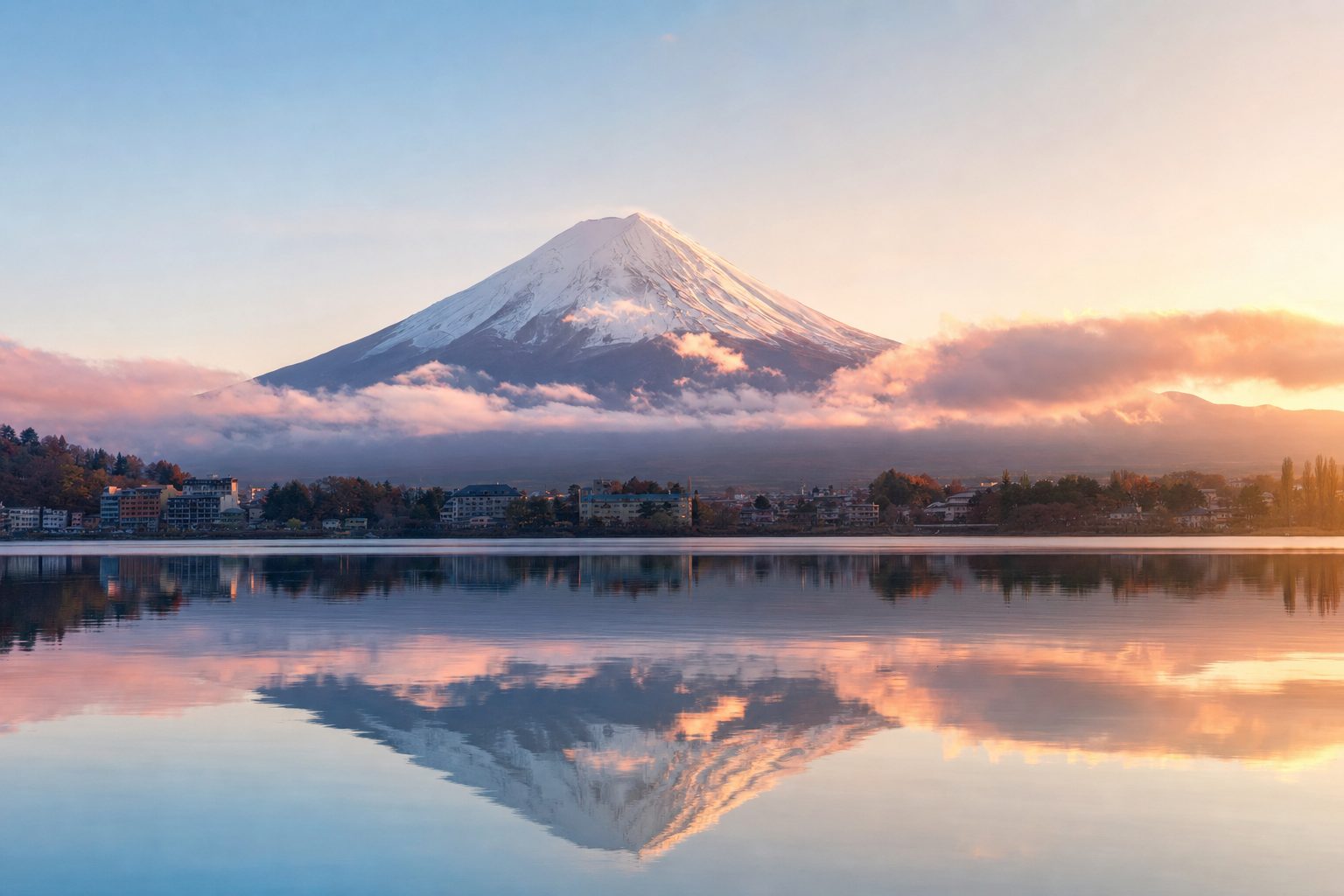 A broad volcanic trail climbs across dark gravel in the foreground toward Mount Fuji's snow-streaked summit, with low clouds below the ridge and pale sunrise light across a clear summer sky, no people.