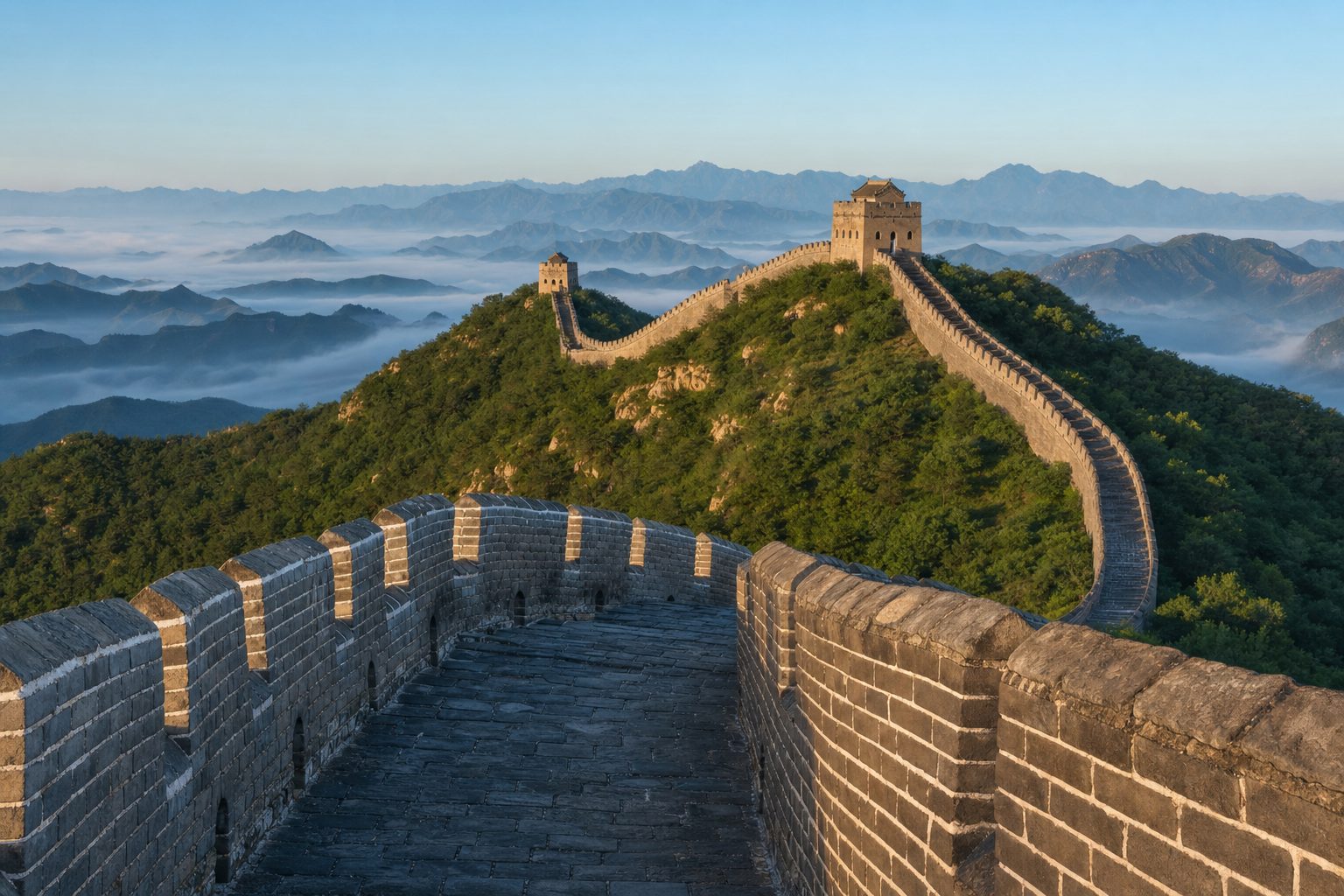 Photorealistic view along the restored grey-brick walkway of the Mutianyu Great Wall at sunrise, crenellated parapets in the foreground, the wall snaking over a forested green ridge to square watchtowers in the midground, and hazy blue mountain ridges with low cloud in the background, no people.