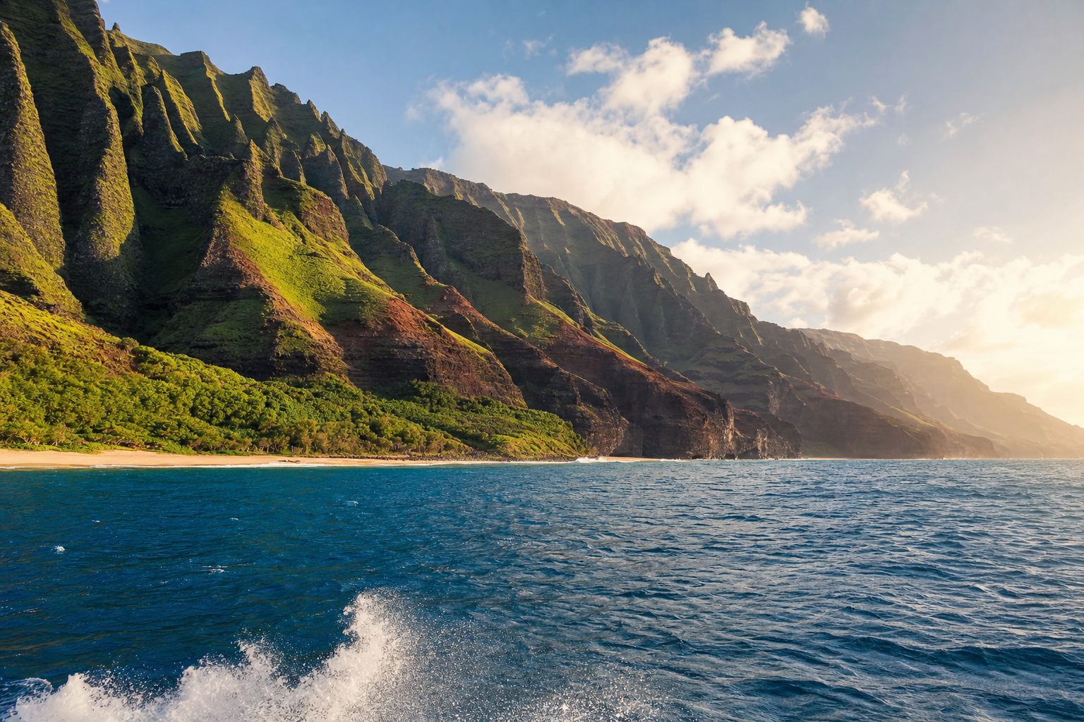 Sheer, deeply fluted emerald-green cliffs plunging into a turquoise Pacific along a remote coastline, a narrow footpath traced along the upper slope in the midground, scattered white clouds catching late-afternoon light above the ridgeline.