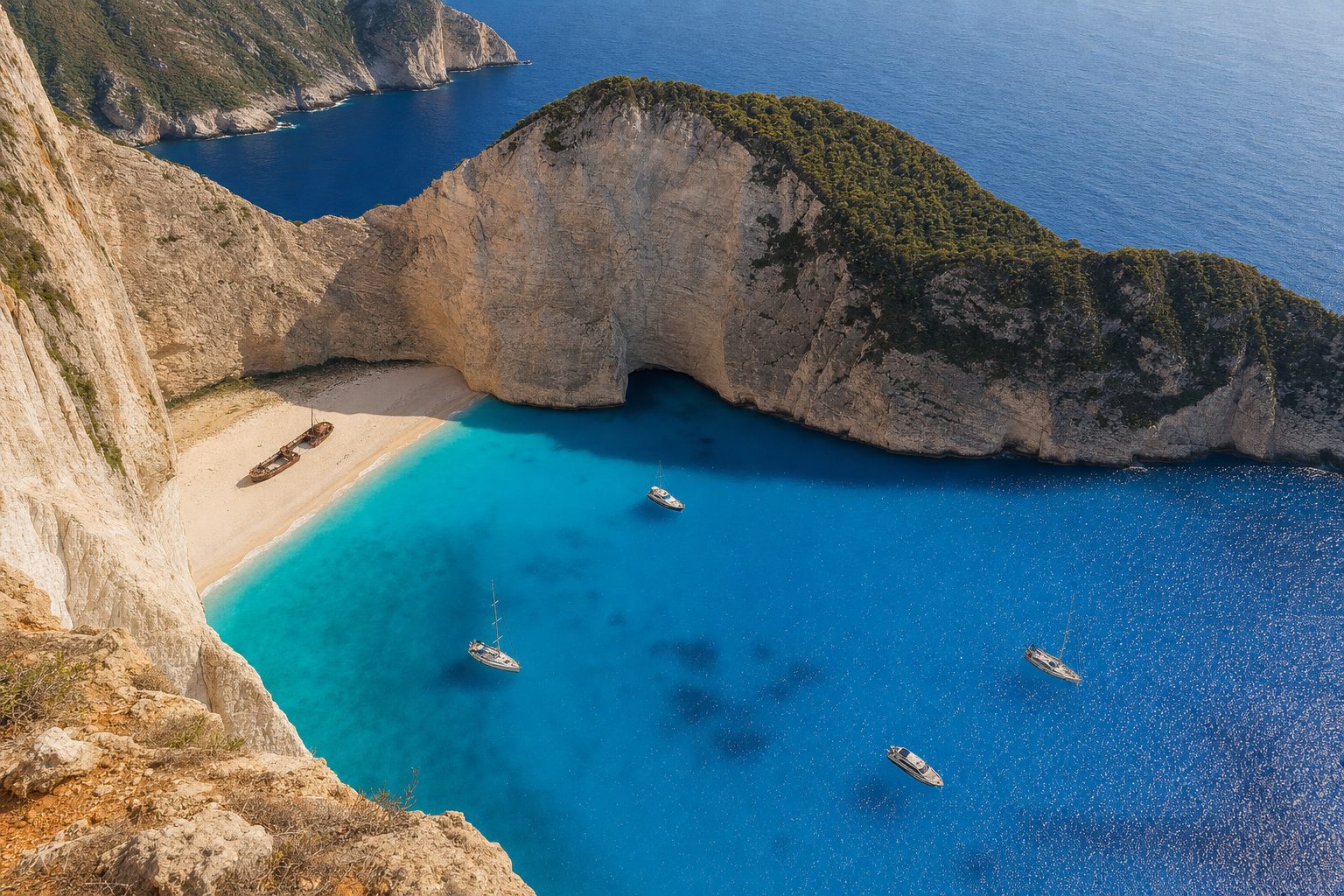 A crescent of pale pebble beach and turquoise water sits far below sheer white limestone cliffs, a small rusted shipwreck resting near the shoreline in soft early-morning light, with no people or boats visible.