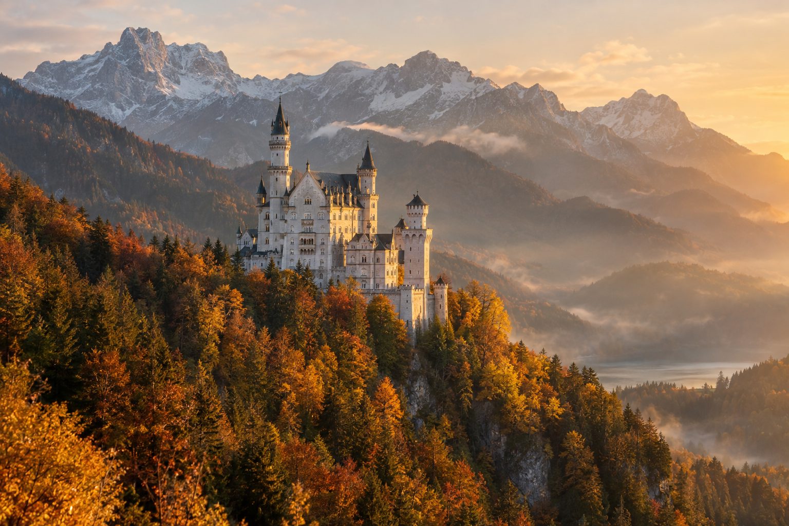 Cinematic golden-hour view of a white fairy-tale castle with slender towers on a forested Alpine ridge, autumn beech foliage in gold and rust in the foreground and midground, misty Bavarian peaks rising behind, warm side light on the limestone façades, no people.