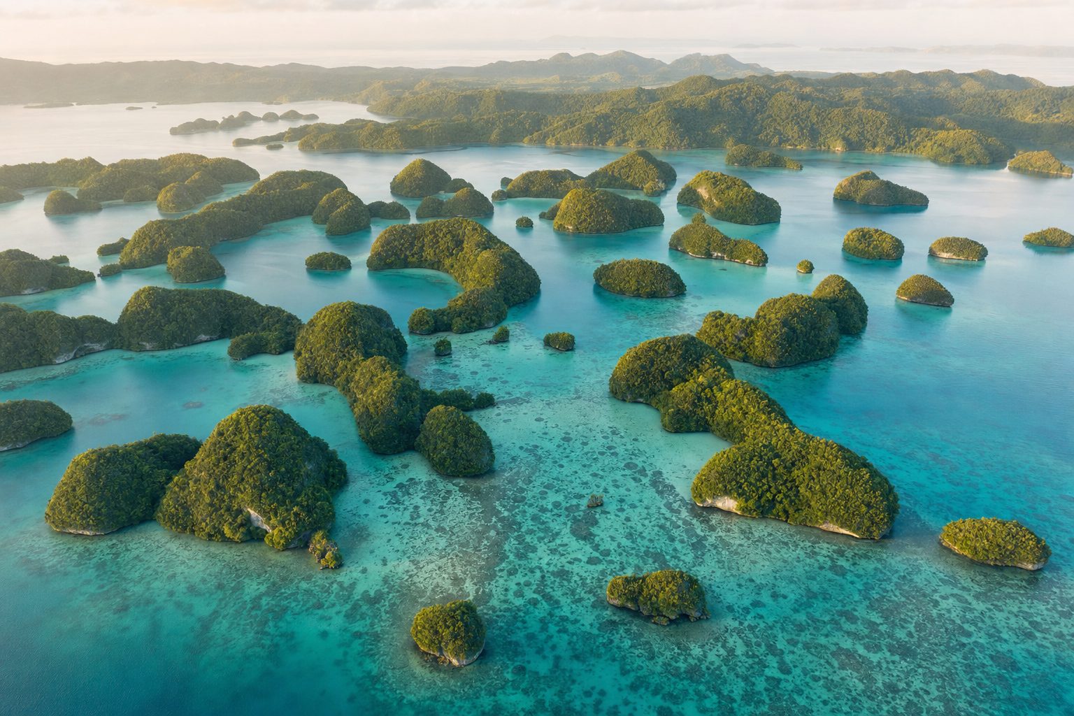 Aerial view of Palau's Rock Islands: clusters of mushroom-shaped, forest-covered limestone islets with undercut bases rising from a still turquoise lagoon, pale sand shallows and darker reef in the midground, hazy larger islands on the horizon under warm golden morning light.